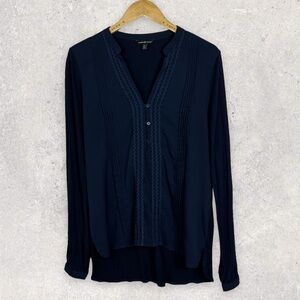 Maison Coupe Navy Blue Long Sleeve Pleated Top Embroidered Button Down Shirt Med